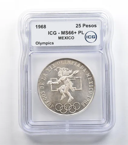 1968 Mexico 25 Pesos Olympics MS66+ PL ICG *5425