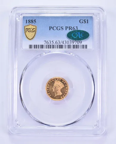 PR63 1885 $1 Indian Princess Head Gold Dollar Piece - CAC - Graded PCGS *8531