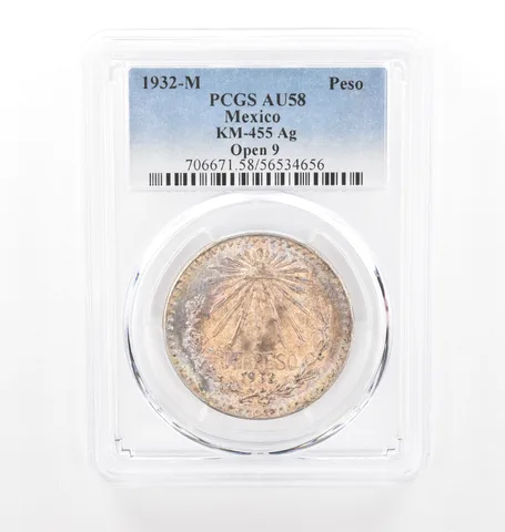 1932 M Mexico Peso Silver Open 9 KM-455 AU58 PCGS Beautiful Tone a2102