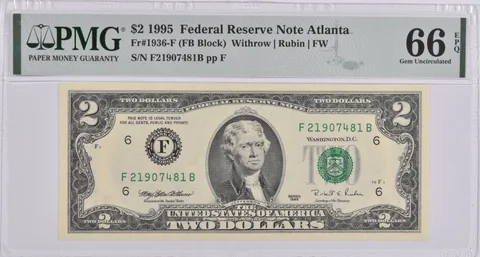 $2 1995 Atlanta, GA US Federal Reserve Note PMG Gem Unc 66 EPQ Fr#1936-F