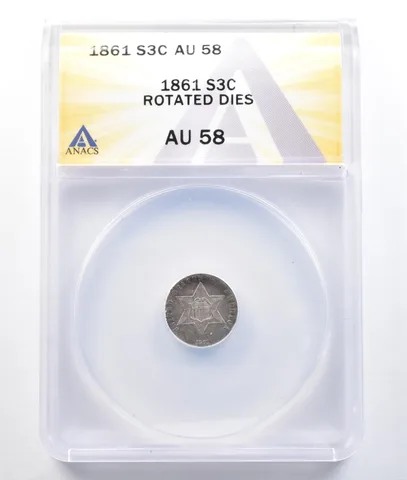 ERROR 1861 Silver Three Cent Trime Rotated Dies AU58 ANACS a1492