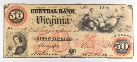 1860 $50 Bank Note Virginia Central Bank Of Virginia Large Note N *5582