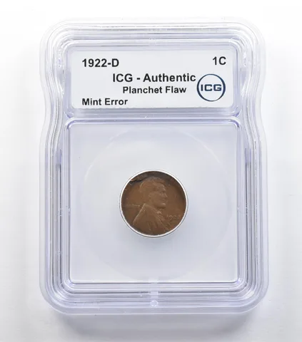 1922-D Lincoln Wheat Cent Mint Error Planchet Flaw Authentic ICG *5440