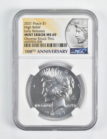 Error MS69 2021 Peace Silver Dollar High Relief OBV Struck Thru Anniv NGC *1588
