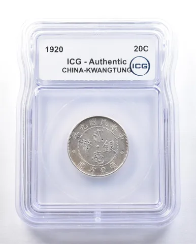 1920 China Kwangtung 20 Cents Authentic ICG *3917