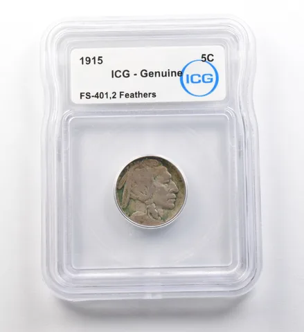 1915 Indian Head Buffalo Nickel FS-401 2 Feathers Genuine ICG ERROR a8201