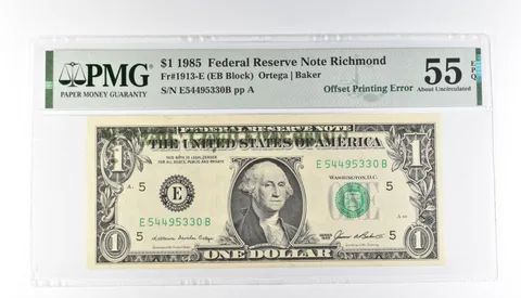 PMG 55 AU EPQ $1 1985 FRN Richmond Fr#1913-E Offset Printing Error *3189