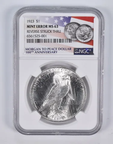 Error MS63 1923 Peace Silver Eagle REV Struck Thru 100th Anniversary NGC a2365