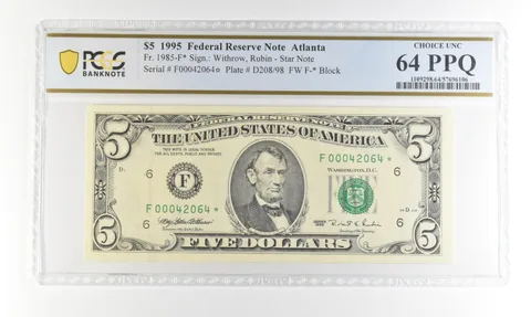 1995 $5 FRN Atlanta GA Fr#1985-F* Star Error Choice Unc 64 PPQ PCGS *4238