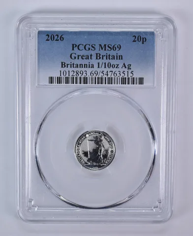 2026 Great Britain 20 Pence Silver Britannia 1/10 Oz Silver MS69 PCGS