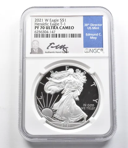 PF70 UCam 2021-W American Silver Eagle Heraldic Eagle T-1 Moy Signed NGC a5849