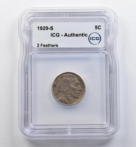 1929-S Indian Head Buffalo Nickel 2 Feathers Authentic ICG *9010