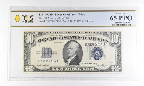 1934 D $10 Silver Certificate Wide Fr#1705 Gem Unc 65 PPQ PCGS *2761