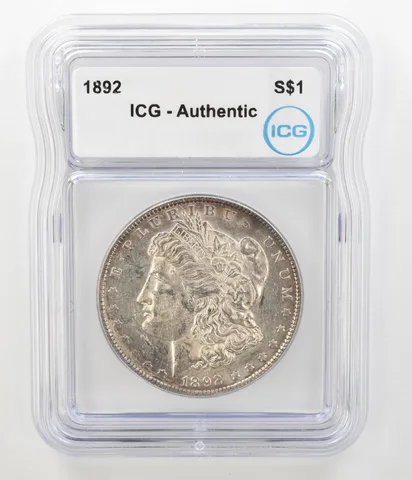 1892 Morgan Silver Dollar Authentic ICG Beautiful Tone Reverse a4540