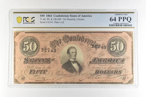 1864 $50 Confederate States T-66 PF-8 CR-499 Choice Unc 64 PPQ PCGS *4437