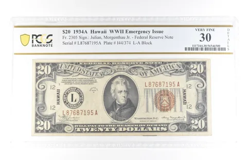 1934 A $20 Hawaii WWII Emergency Issue FRN Fr#2305 VF 30 Details PCGS *5794