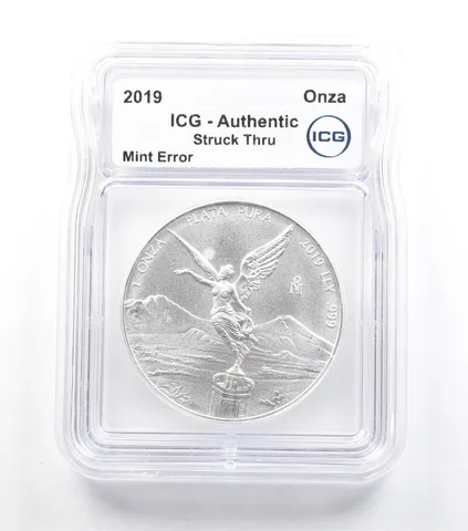 2019 Mo Mexico 1 Onza Silver Libertad Mint Error Struck Thru Authentic ICG *5056