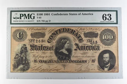1864 $100 Confederate States of America T-65 Choice Uncirculated 63 PMG *0958