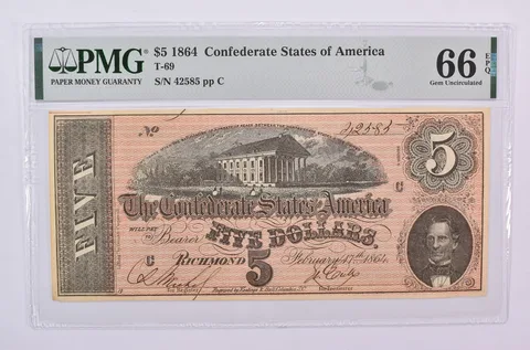 1864 $5 Confederate States Of America T-69 Gem Unc 66 EPQ PMG