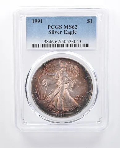 1991 American Silver Eagle MS62 PCGS Red/Blue Tone *8185