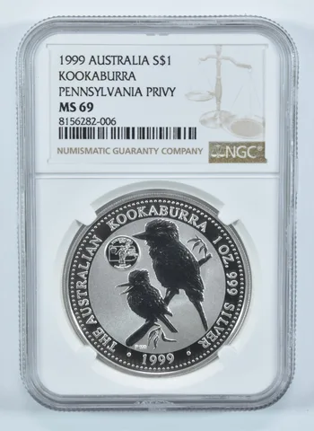 1999 Australia 1 Dollar Silver Kookaburra Pennsylvania Privy MS69 NGC