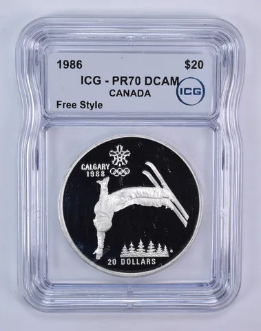 1986 Canada 20 Dollars Calgary Olympics Free Style Skiing PR70 DCAM ICG