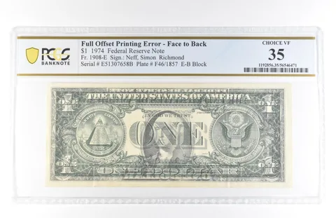 1974 $1 35 VA FRN Full Offset Print Error Face To Back Fr#1908-E PCGS *5827