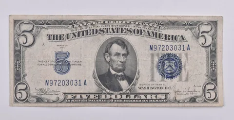 1934-C $5 Silver Certificate Blue Seal Average Circ
