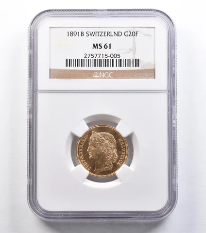 1891 B Switzerland 20 Francs Gold MS61 NGC *2224