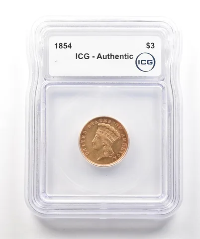 1854 $3 Indian Princess Head Gold Three Dollars Authentic ICG a4313