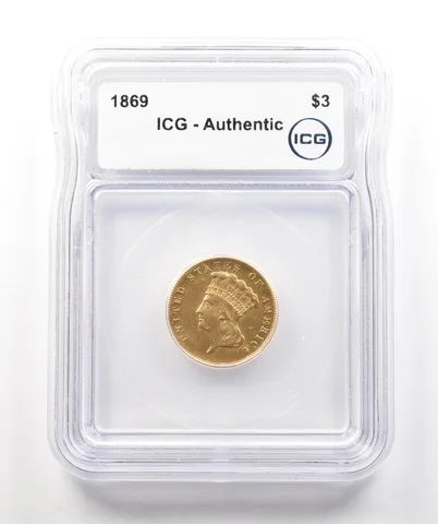 1869 $3 Indian Princess Head Gold Three Dollars Authentic ICG *4316