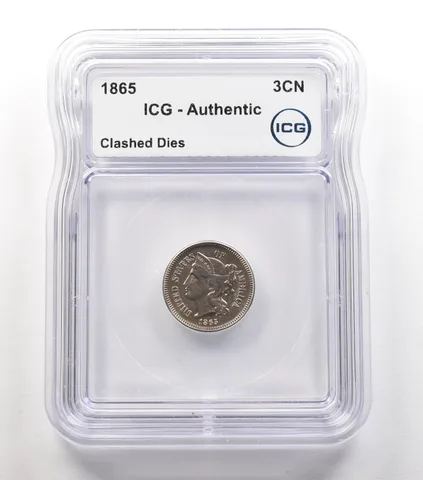 1865 Three Cent Nickel Clashed Dies Authentic ICG *5607