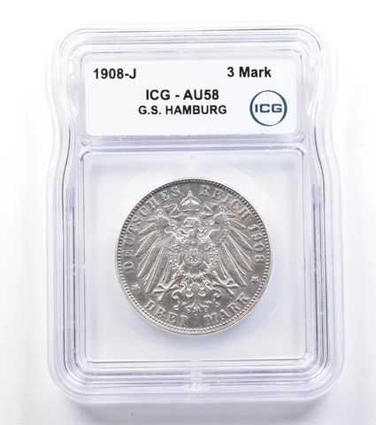 1908 J German States Hamburg 3 Mark AU58 ICG *1829