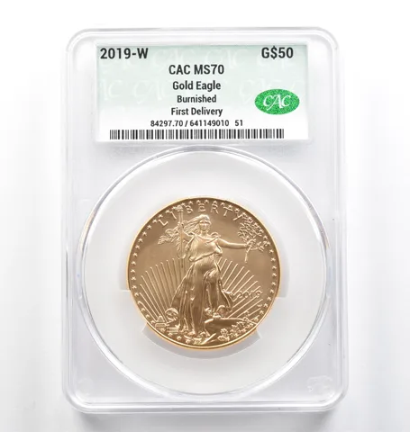 2019-W $50 Burnished Gold Eagle First Delivery 1 Oz MS70 CAC CACg *9830