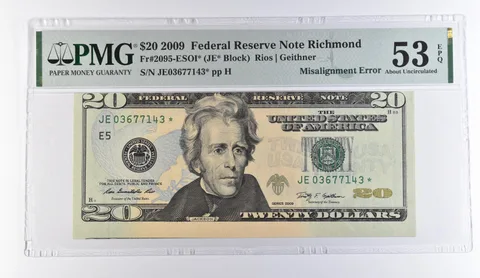 2009 $20 Richmond FRN Misalign Error Fr#2095-ESOI* Star Note AU 53 EPQ PMG *9468