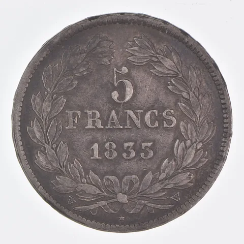 Better Date - 1833 France 5 Francs World Coin- Silver *514
