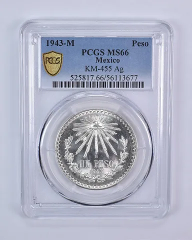 1943 M Mexico Peso Silver KM-455 MS66 PCGS Blue Label