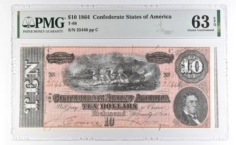 1864 $10 Confederate States T-68 Large Note Choice Unc 63 EPQ PMG a2748
