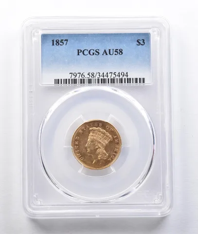 1857 $3 Indian Princess Head Gold Three Dollars AU58 PCGS *2956