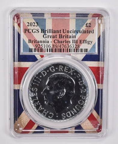 2023 Great Britain 2 Pound Britannia Charles III BU PCGS Union Jack Holder
