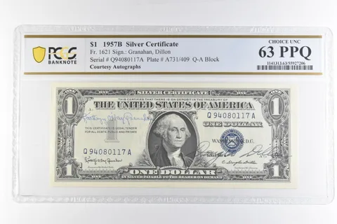 1957 B $1 Silver Certificate Courtesy Autographs Fr#1621 Unc 63 PPQ PCGS *6888