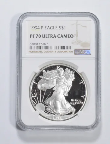 1994-P American Silver Eagle 1 Oz PF70 UCAM NGC Brown Label