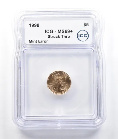 1998 $5 American Gold Eagle Mint Error Struck Thru 1/10 Oz Gold MS69+ ICG *5201