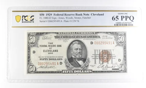 1929 $50 Cleveland OH Federal Reserve Bank Fr#1880-D Gem Unc 65 PPQ PCGS *2519