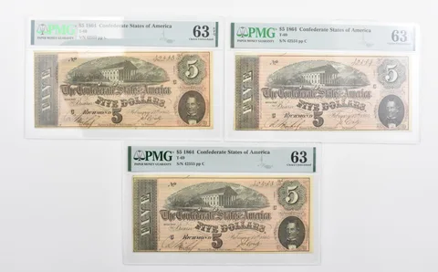 Lot (3) PMG 63 1864 $5 Confederate States Of America Consecutive Notes T69 a1145