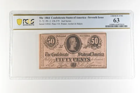 1864 50 Cents Confederate States T-72 PF-2 CR-579 Choice Unc 63 PCGS *4441