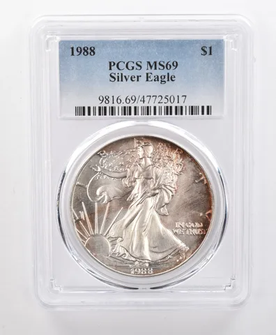 MS69 1988 American Silver Eagle PCGS Red Peripheral Toning a1666