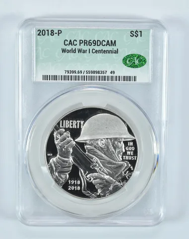 2018-P World War I Commemorative Silver Dollar PR69 DCAM CAC CACg