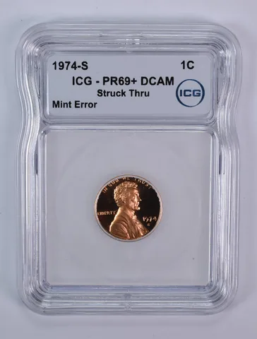 1974-S Lincoln Memorial Cent Mint Error Struck Thru PR69+ DCAM ICG