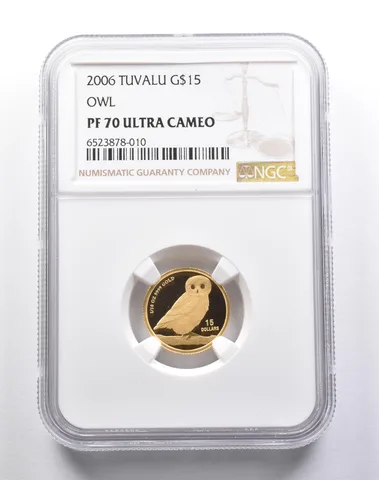 PF70 UCAM 2006 Tuvalu $15 Gold Owl 1/10 Oz Gold Coin NGC *3719